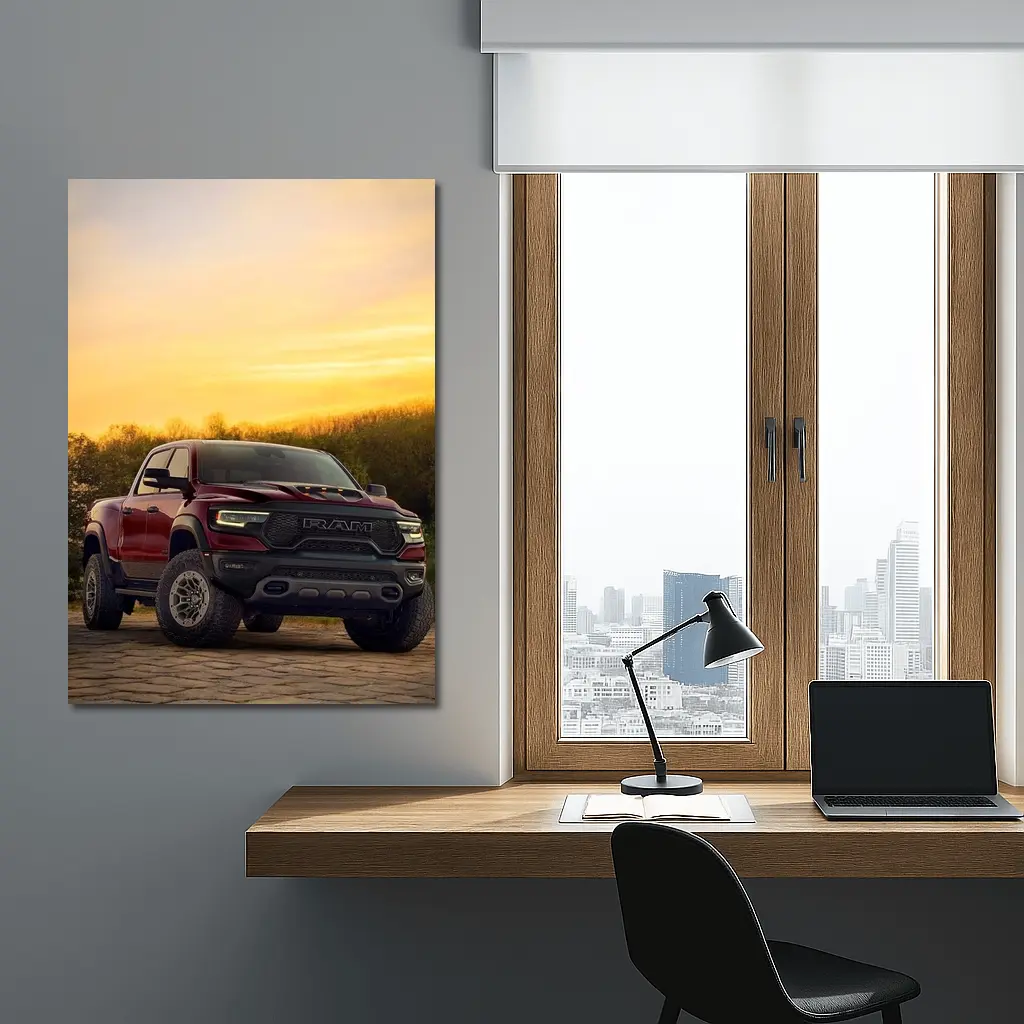 Ram Truck Parked Against Golden Sunset Sky – Wall Art