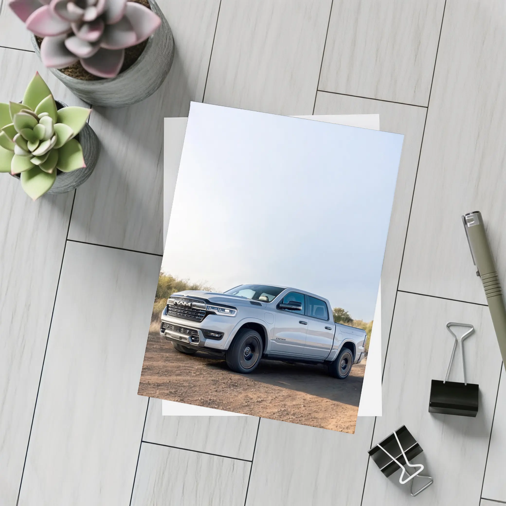 Ram Truck Silver Pickup Dusty Desert Road – Postcards