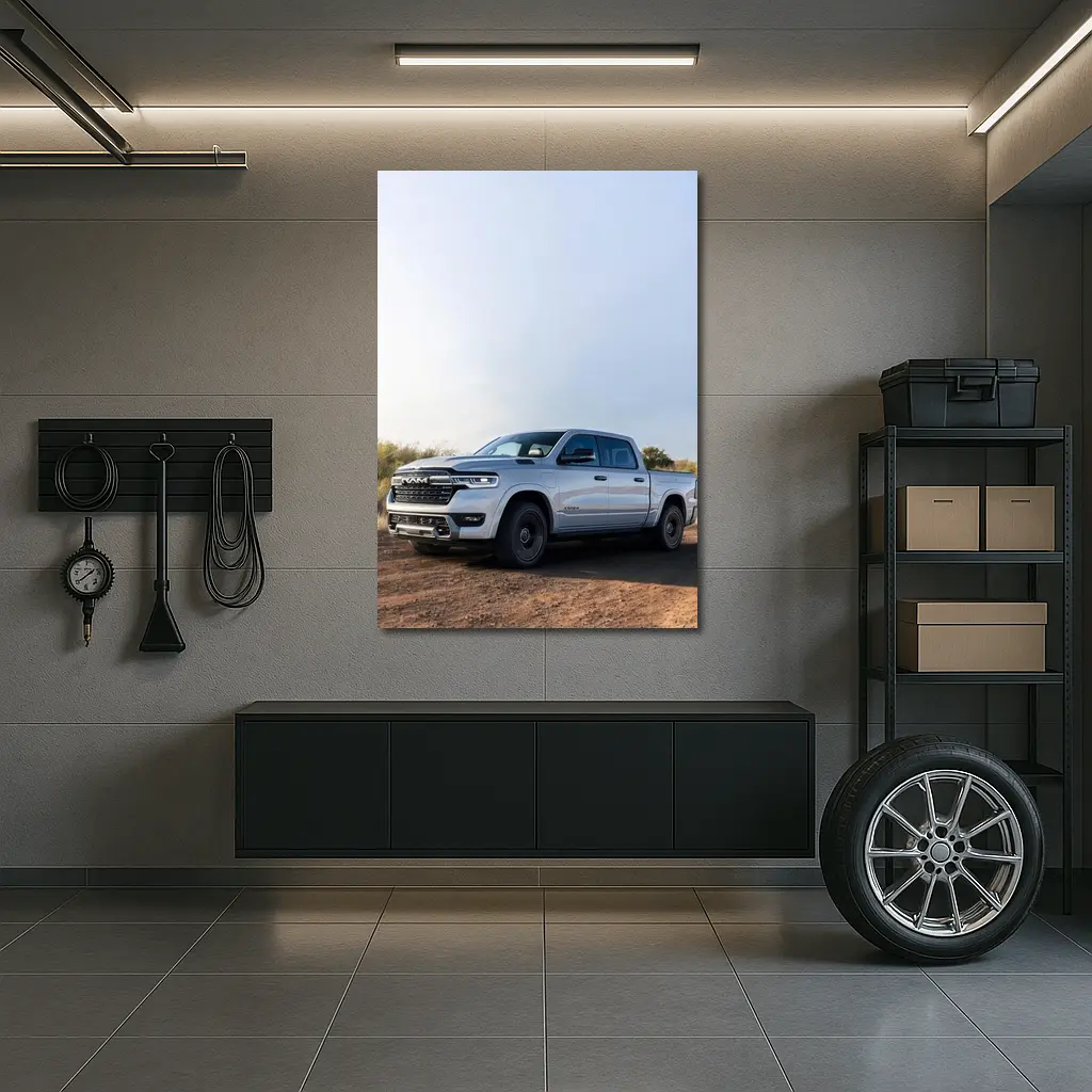 Ram Truck Silver Pickup Dusty Desert Road – Wall Art