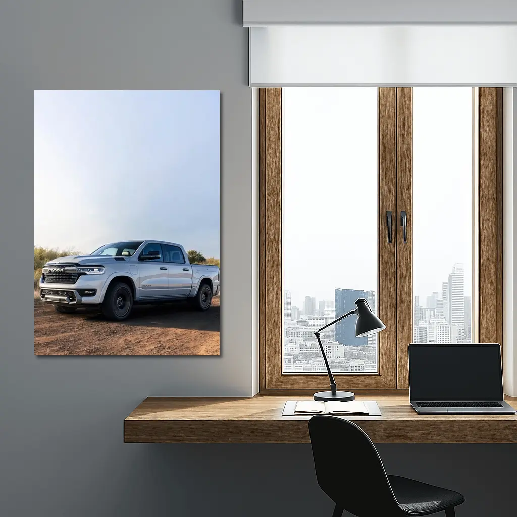 Ram Truck Silver Pickup Dusty Desert Road – Wall Art