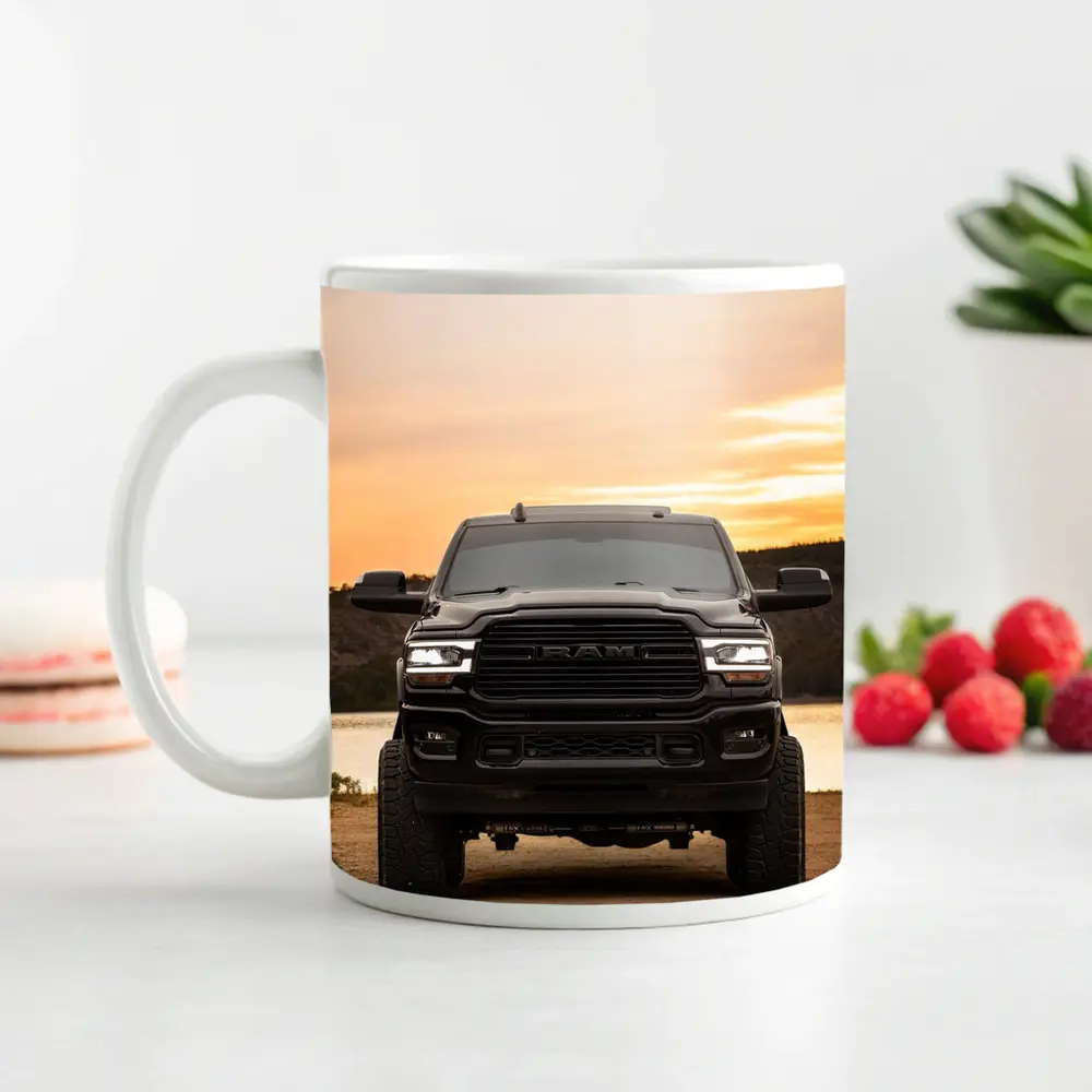 Ram Truck Black Front Sunset Lake – Mugs