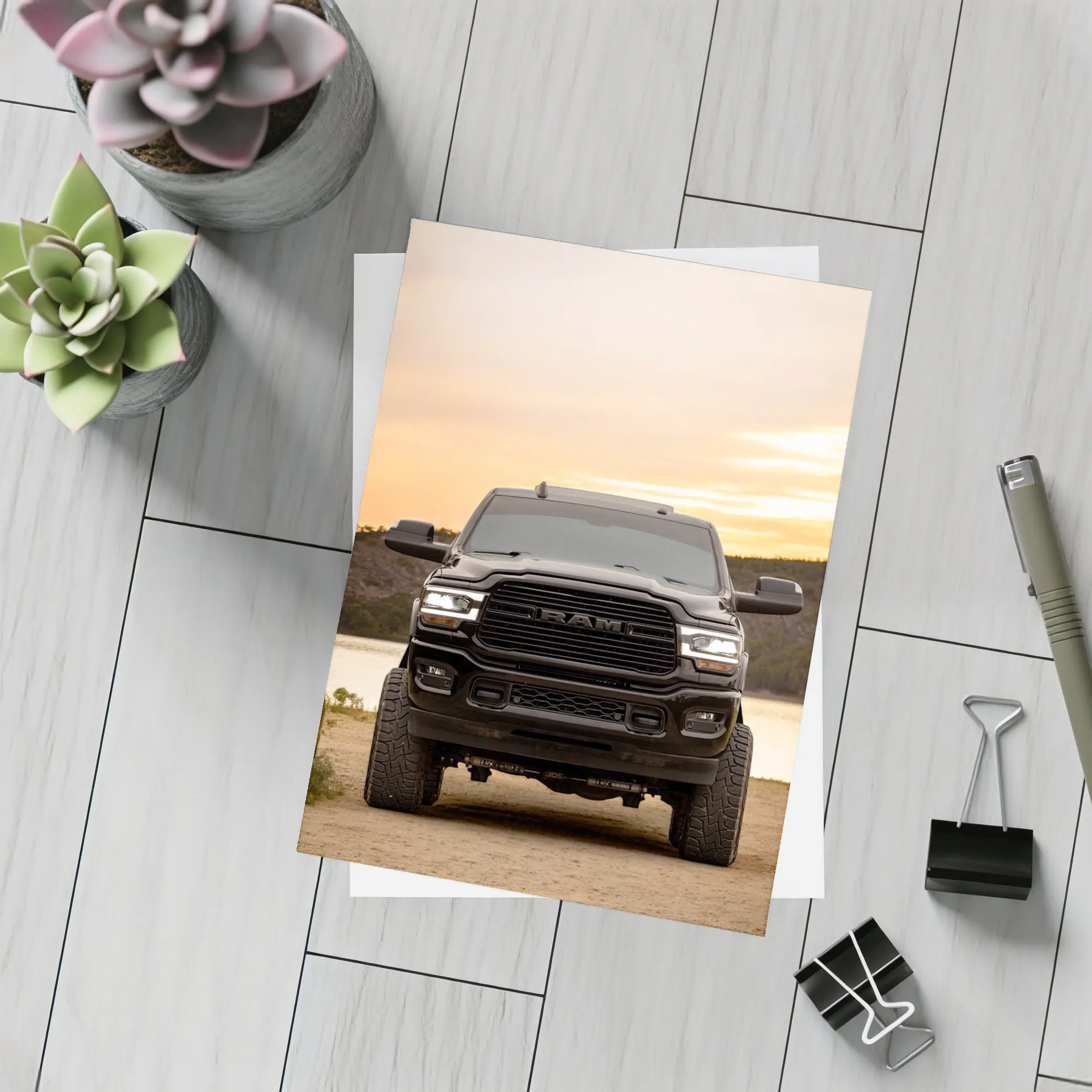 Ram Truck Black Front Sunset Lake – Postcards