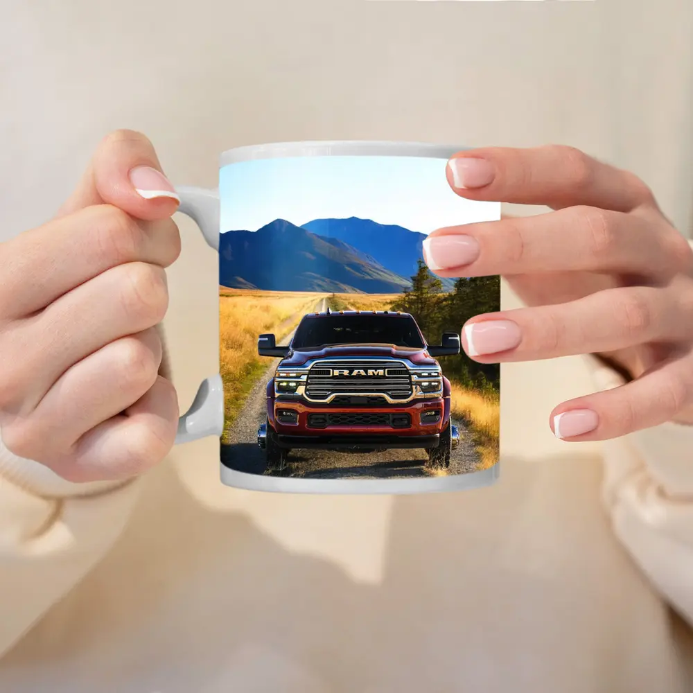 Ram Truck Gravel Road Mountain Background – Mugs