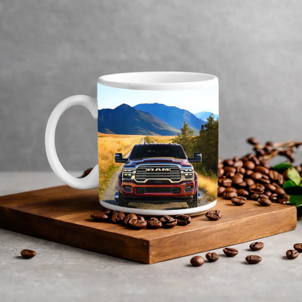 Ram Truck Gravel Road Mountain Background – Mugs