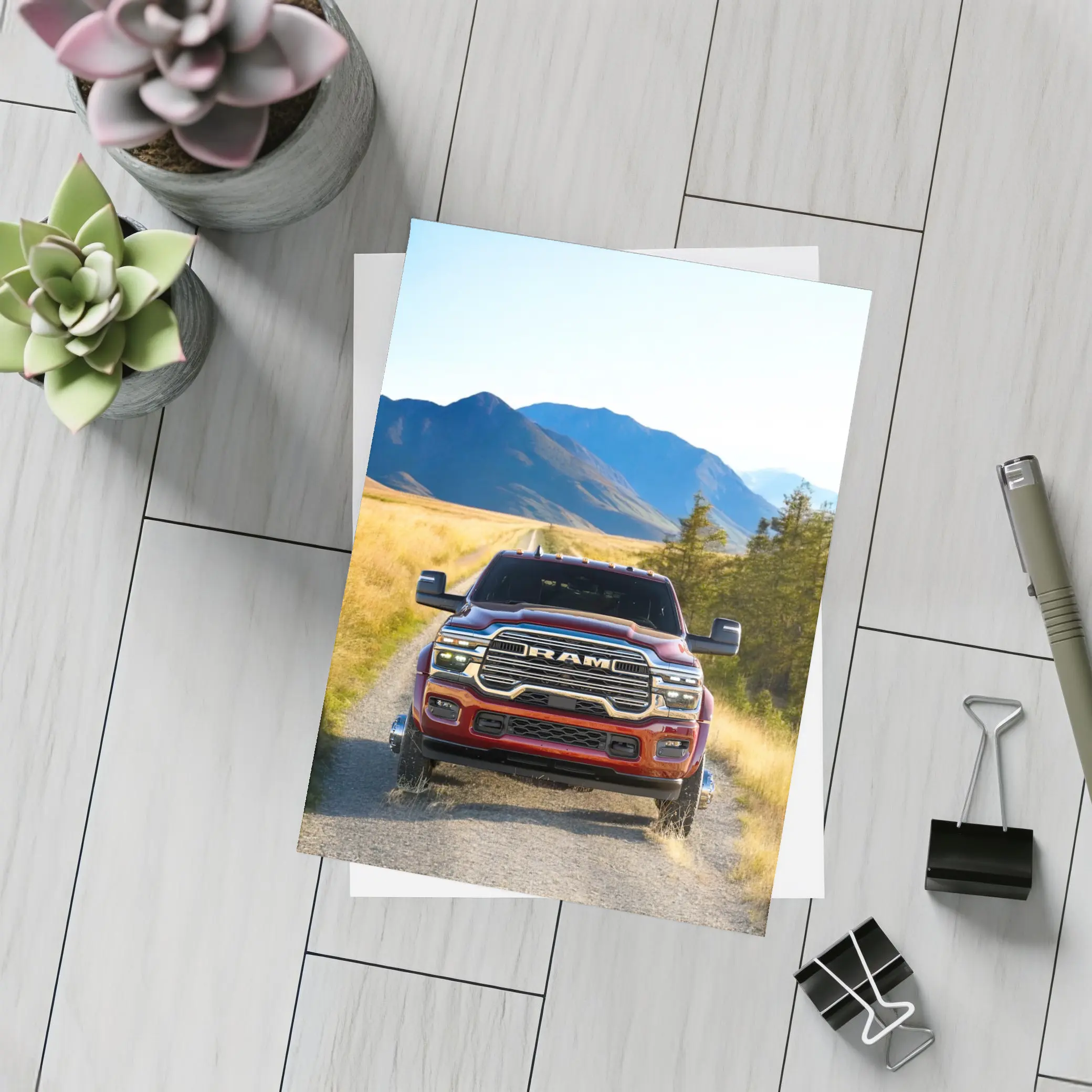 Ram Truck Gravel Road Mountain Background – Postcards