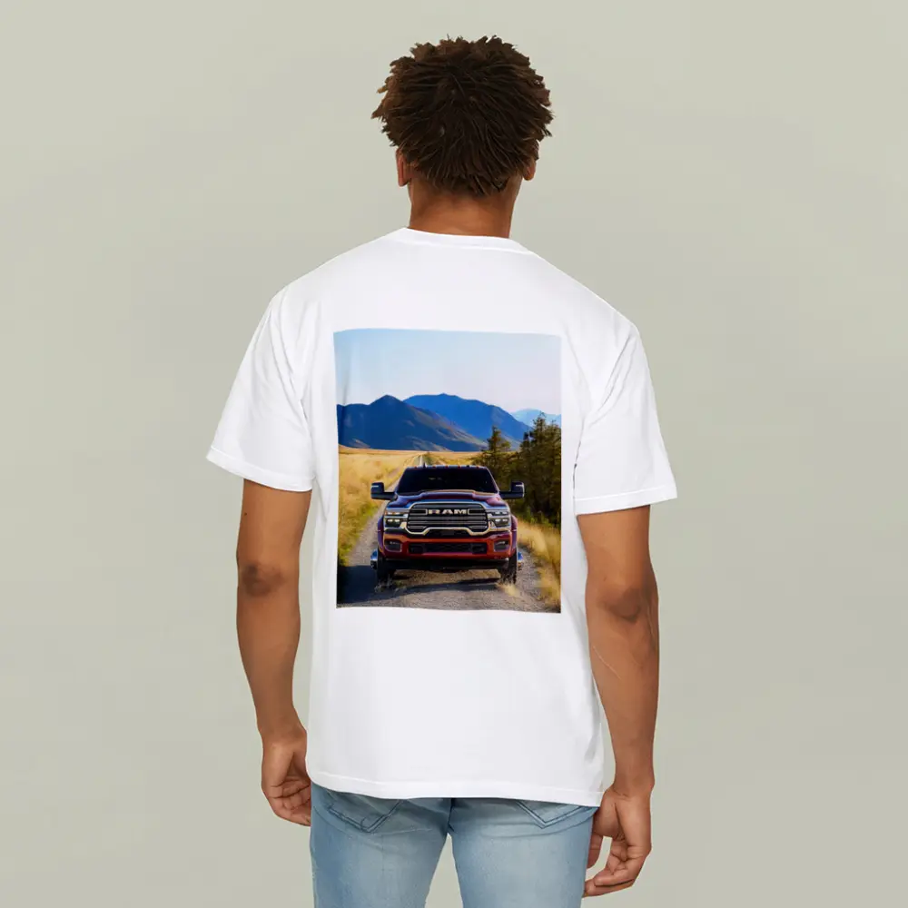 Ram Truck Gravel Road Mountain Background – T-Shirts