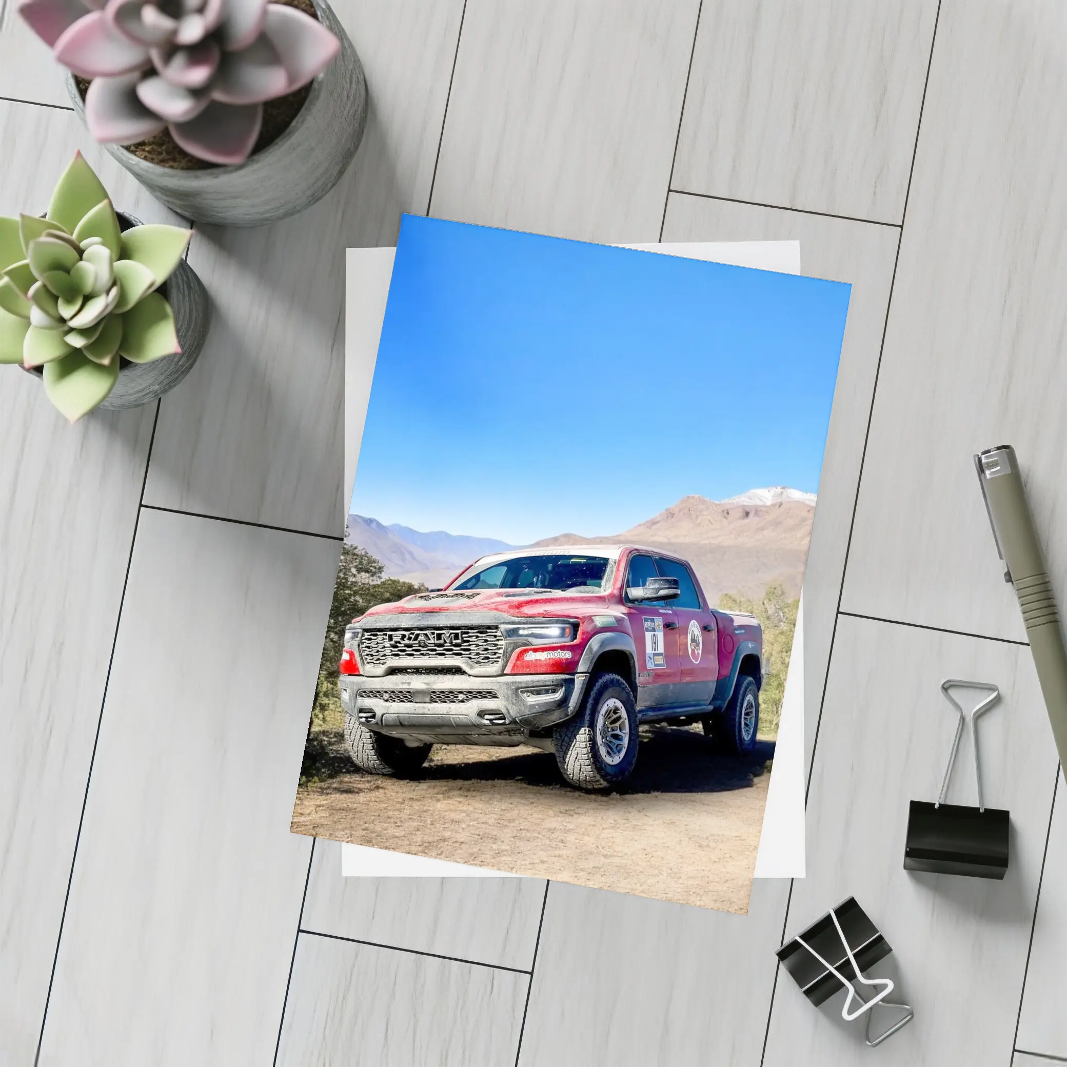 Ram TRX Truck Dirt Trail Mountain Background – Postcards