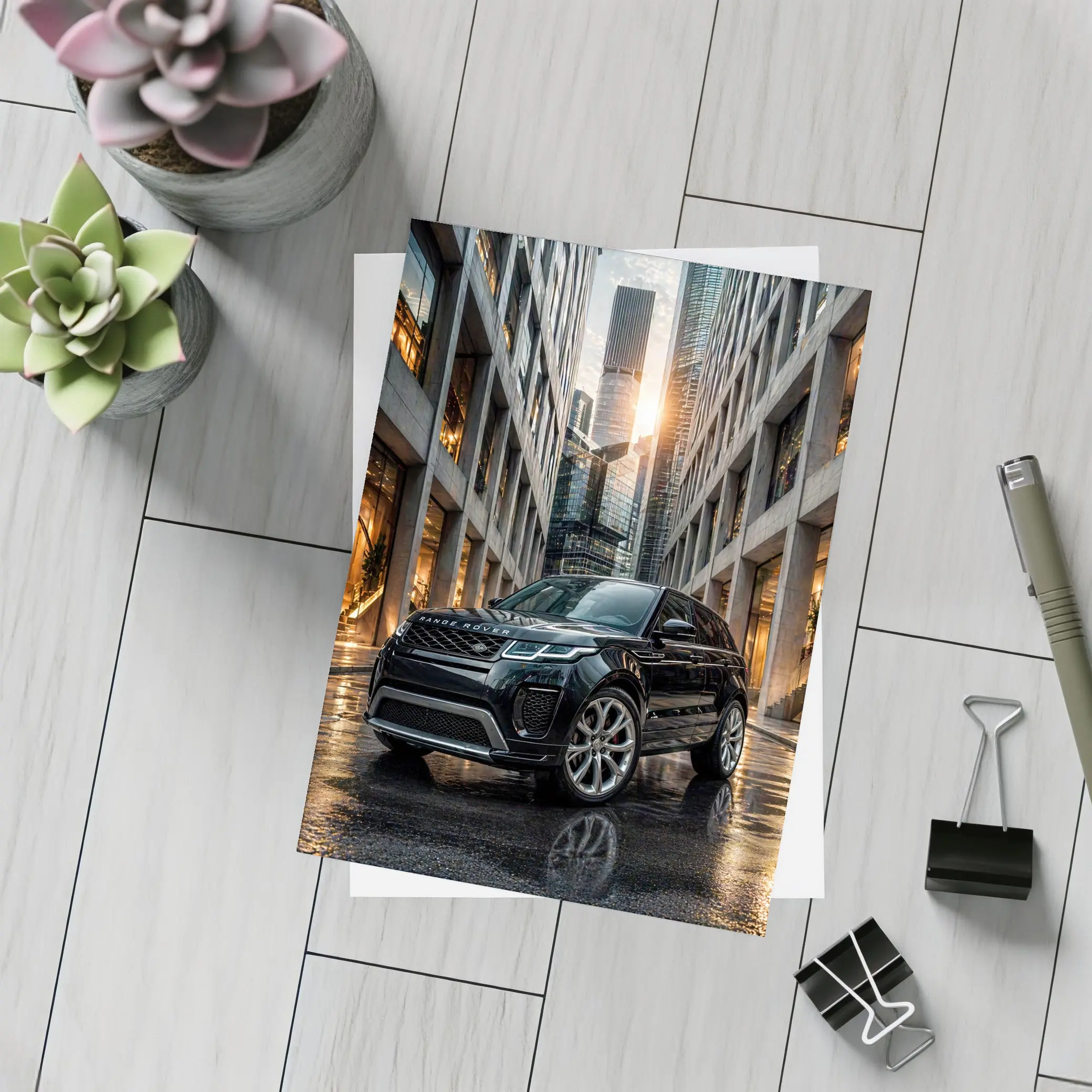 Range Rover Evoque Black Urban City Setting – Postcards
