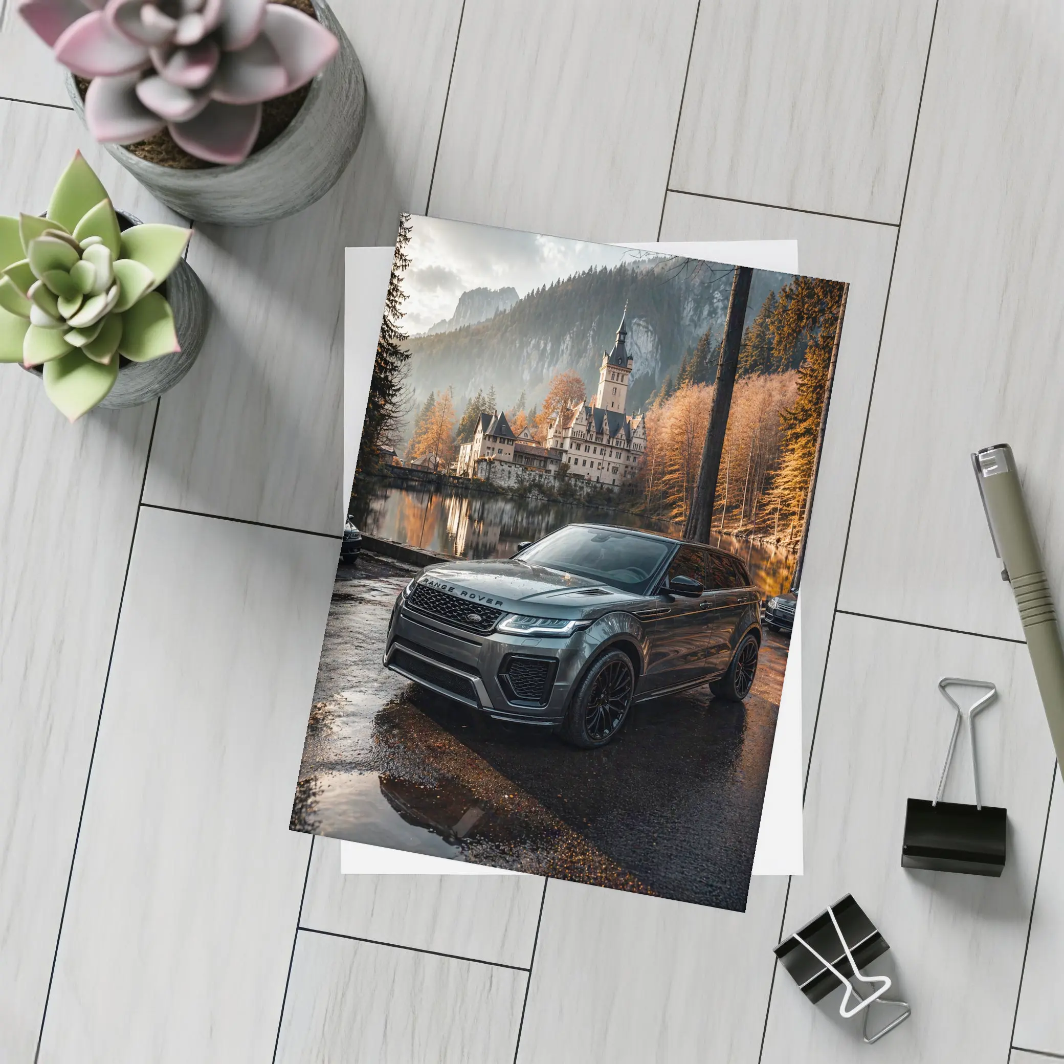 Range Rover Evoque Castle Forest Reflection – Postcards