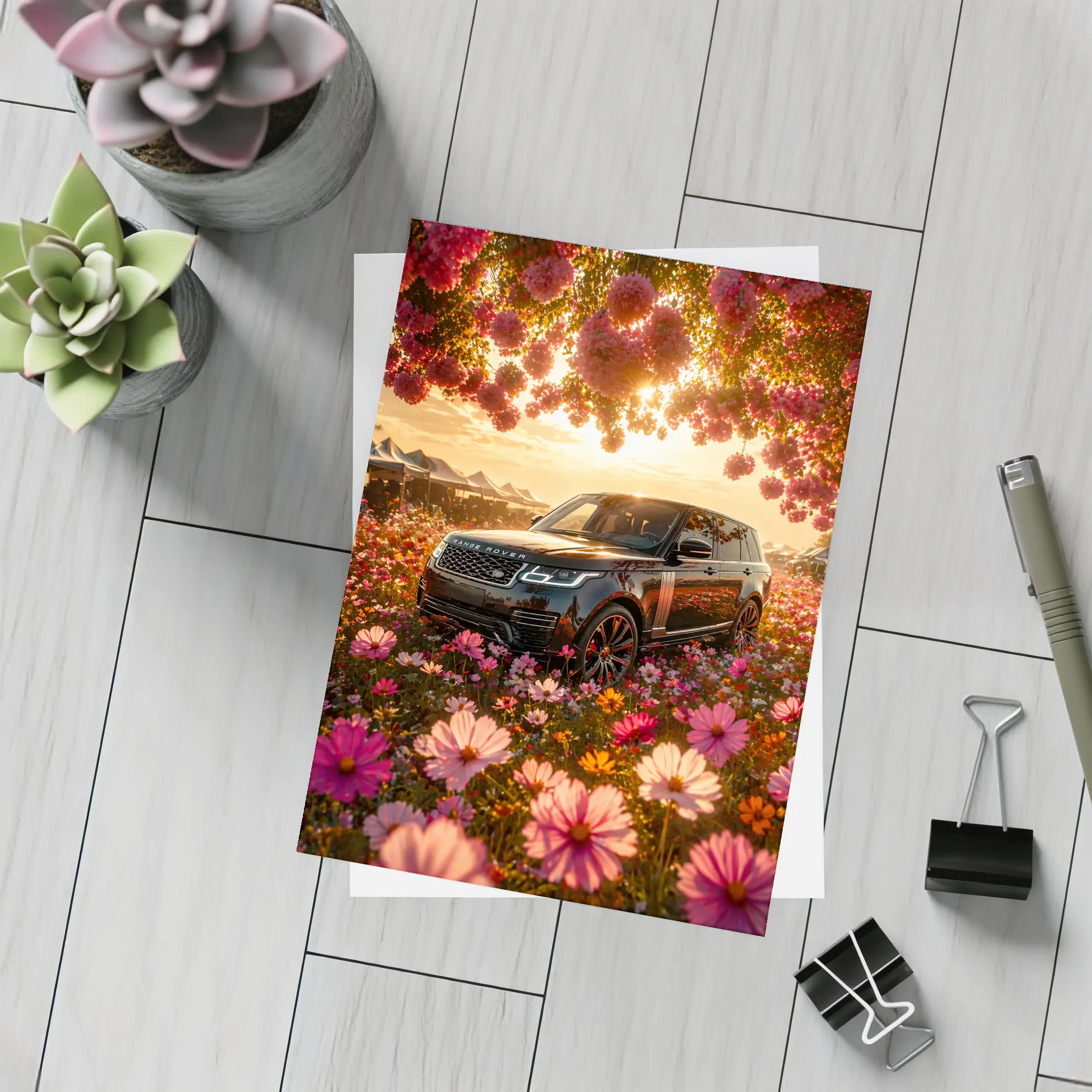 Range Rover SV Black Blooming Flowers Sunset – Postcards