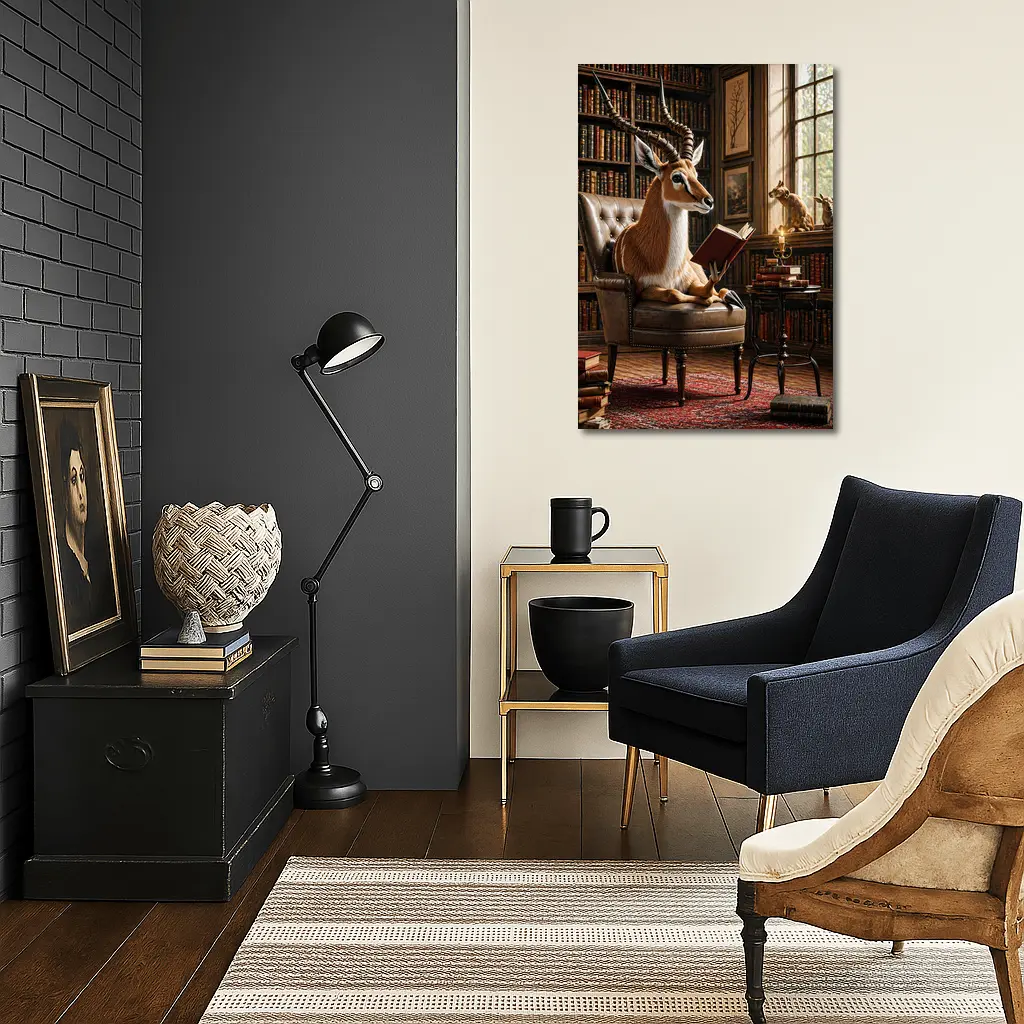 Antelope Reading Book in Cozy Library – Wall Art