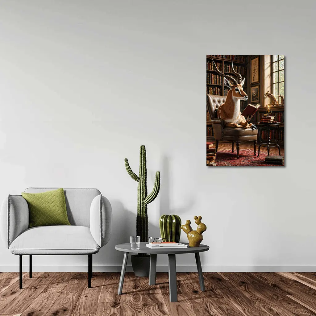Antelope Reading Book in Cozy Library – Wall Art