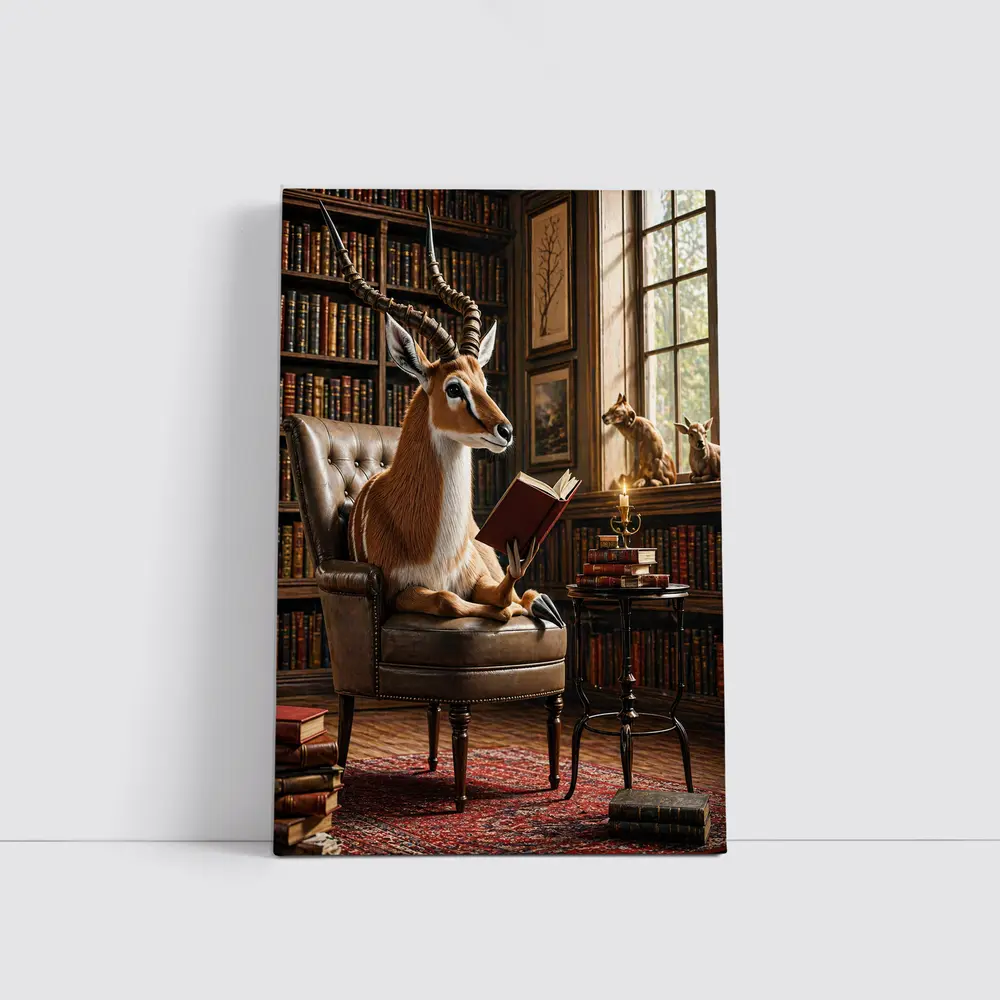 Antelope Reading Book in Cozy Library – Wall Art
