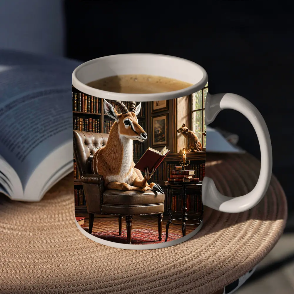 Antelope Reading Book in Cozy Library – Mugs