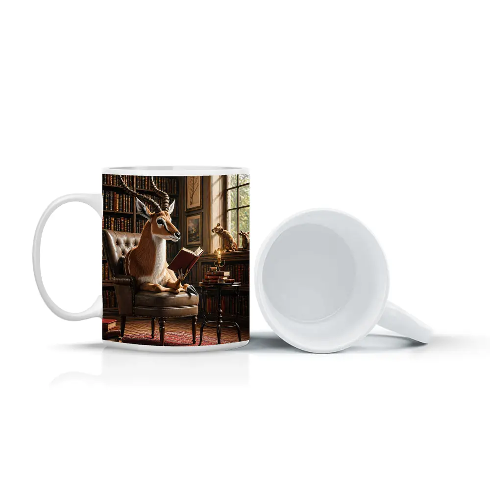 Antelope Reading Book in Cozy Library – Mugs