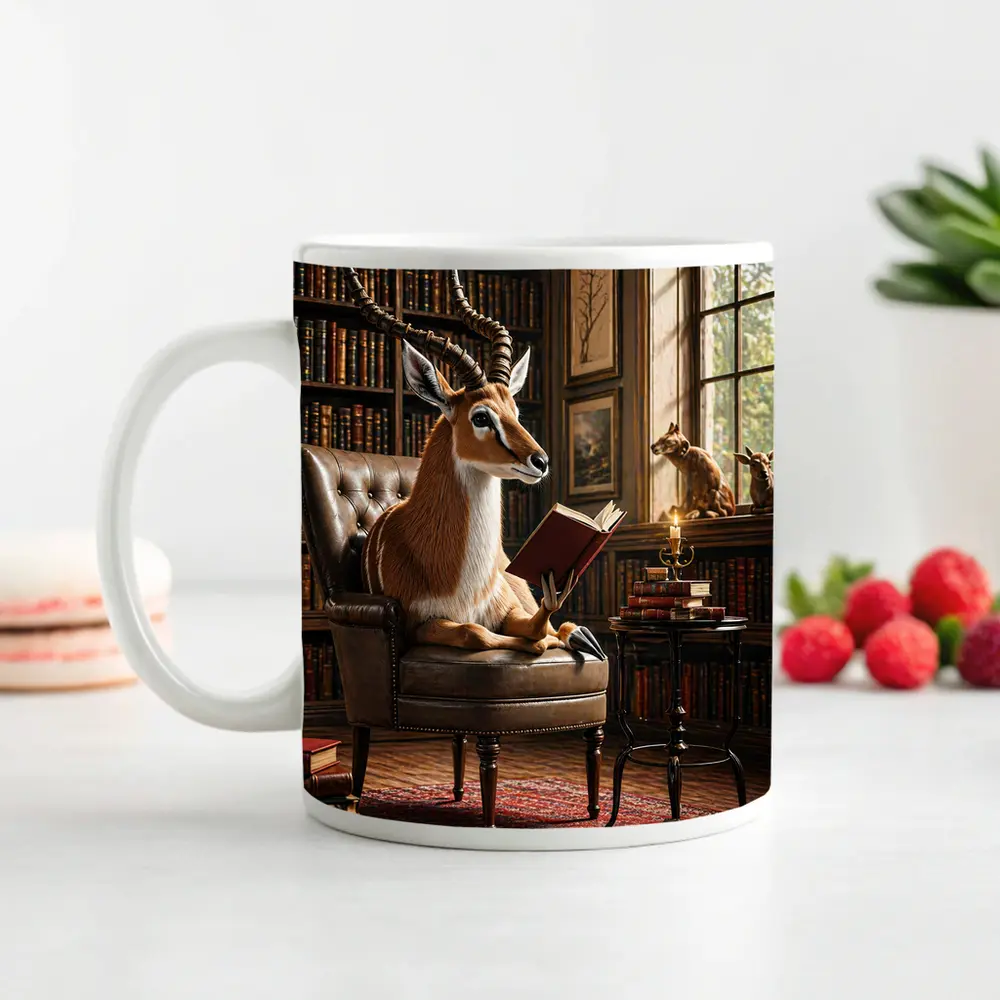 Antelope Reading Book in Cozy Library – Mugs