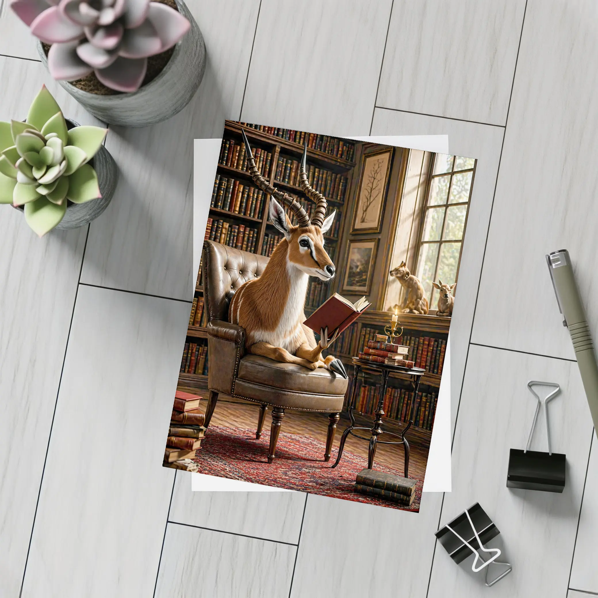 Antelope Reading Book in Cozy Library – Postcards