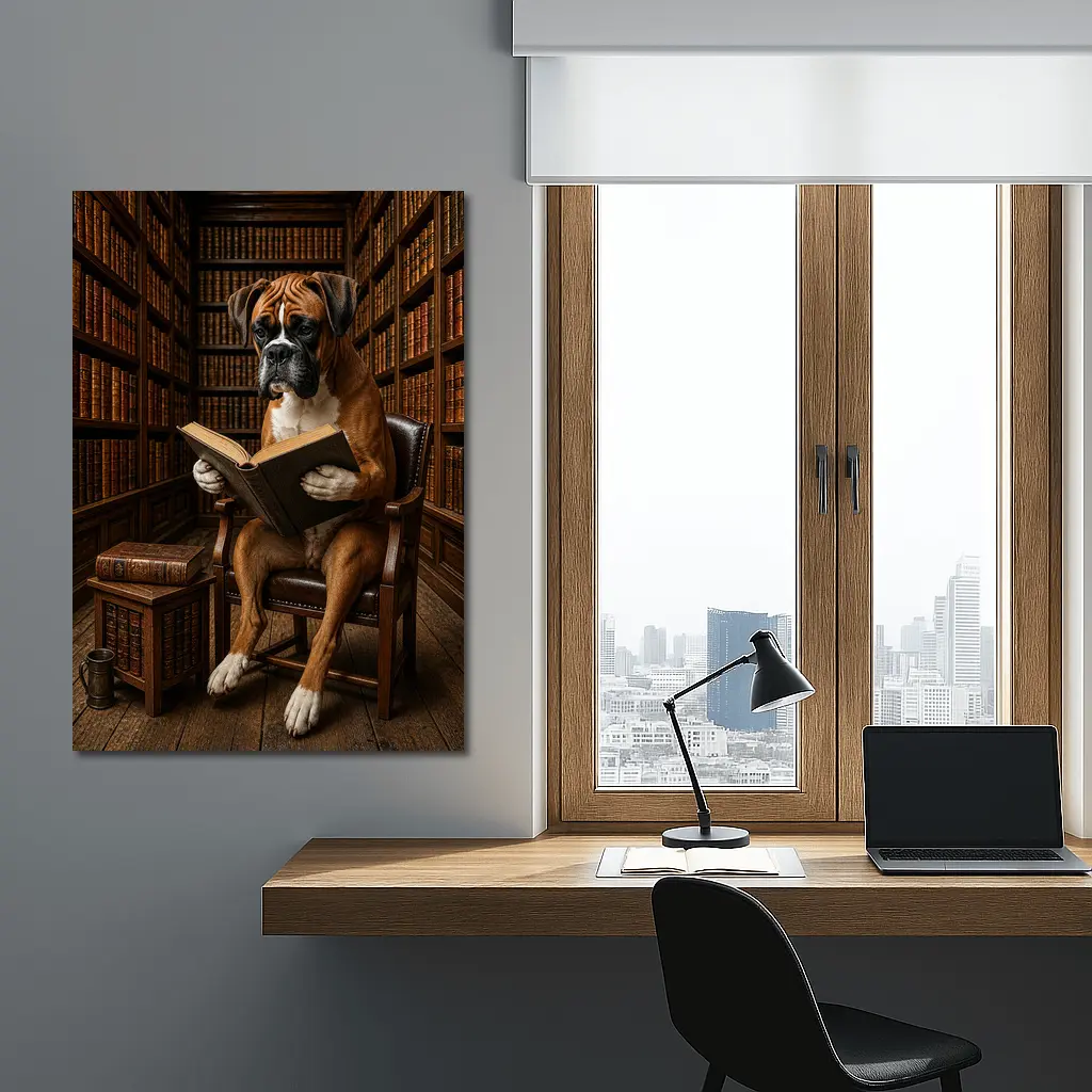Boxer Dog Reading Book In Library – Wall Art