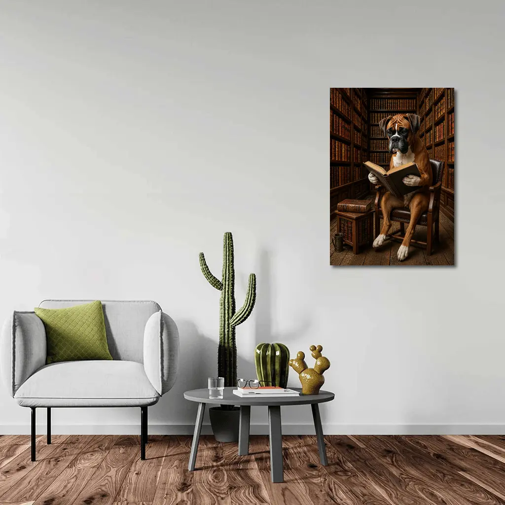 Boxer Dog Reading Book In Library – Wall Art
