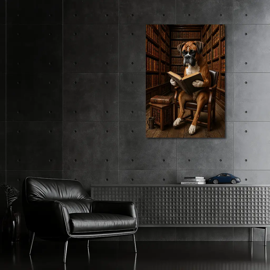 Boxer Dog Reading Book In Library – Wall Art