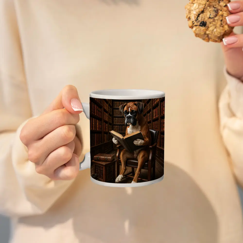 Boxer Dog Reading Book In Library – Mugs