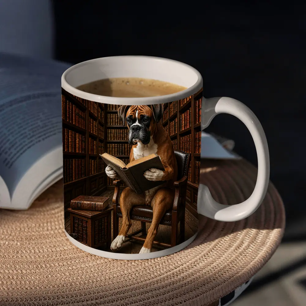 Boxer Dog Reading Book In Library – Mugs