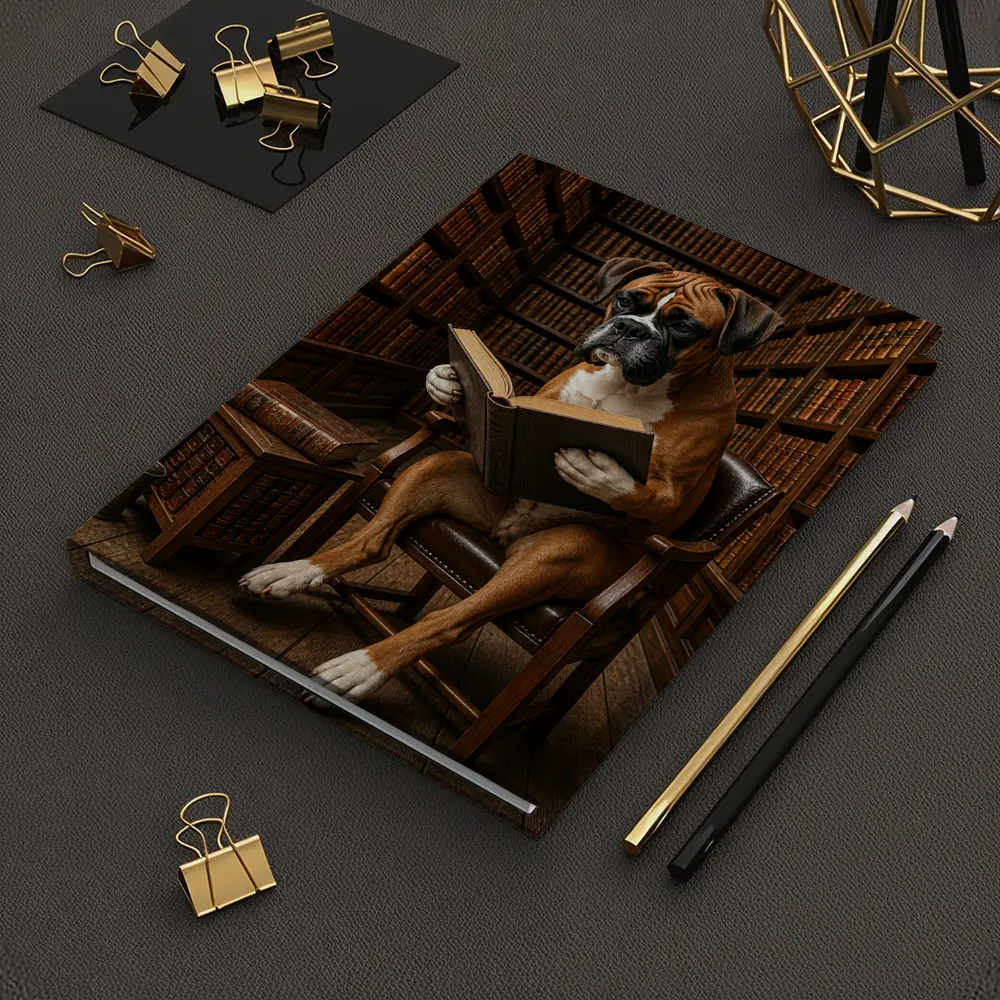 Boxer Dog Reading Book In Library – Notebooks