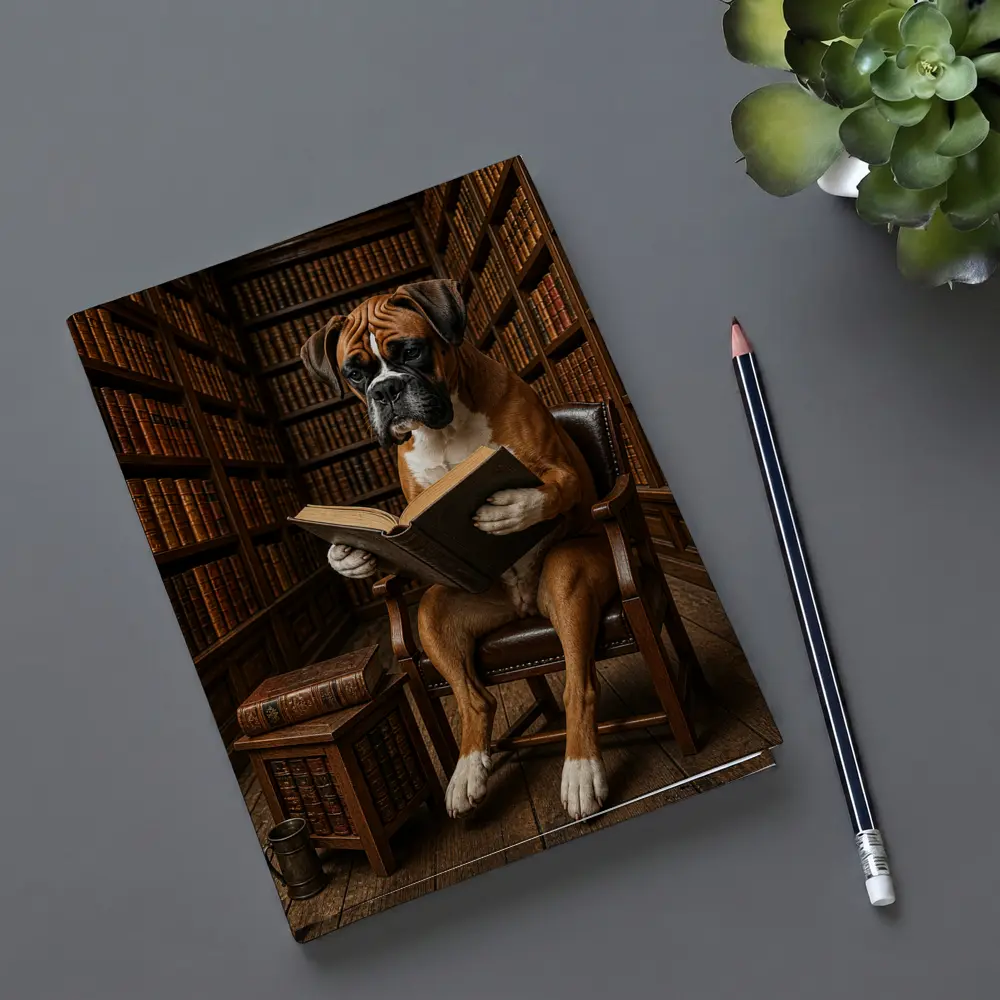 Boxer Dog Reading Book In Library – Notebooks