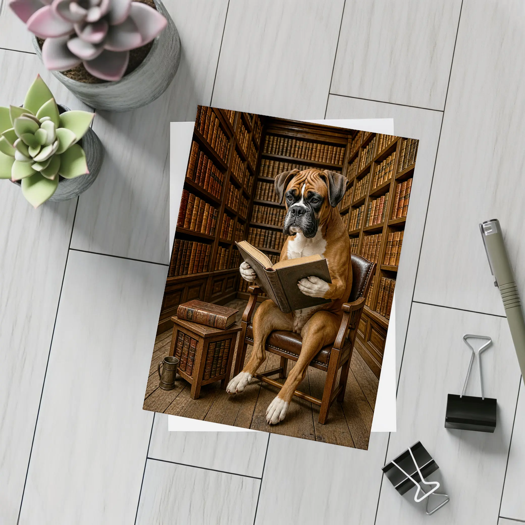 Boxer Dog Reading Book In Library – Postcards