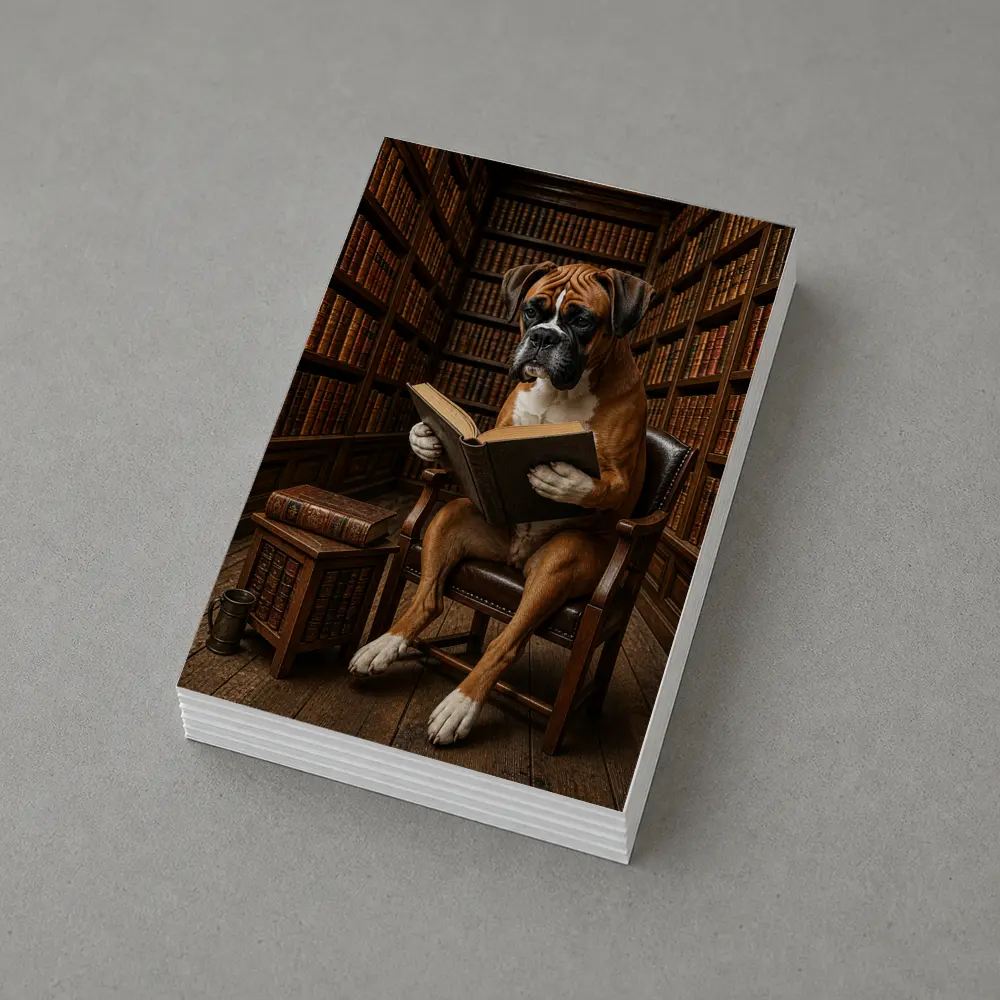 Boxer Dog Reading Book In Library – Postcards