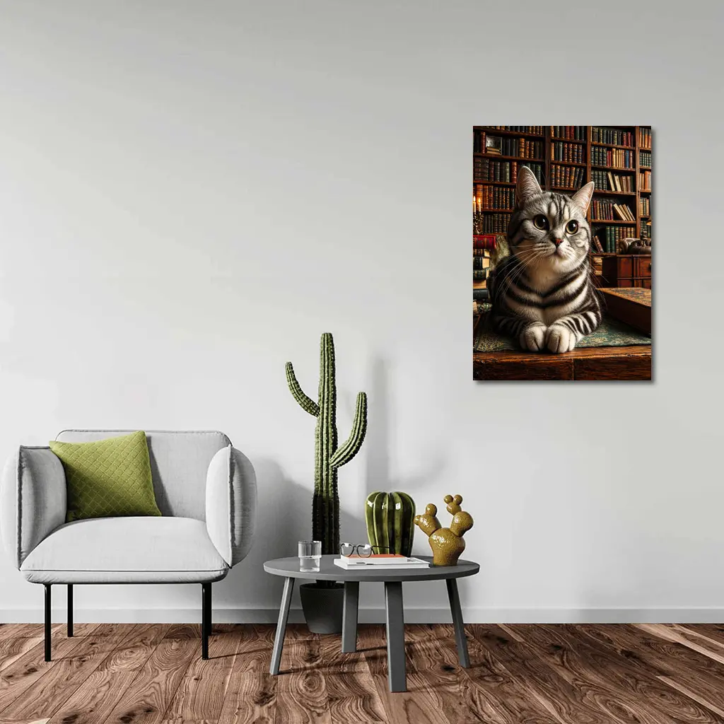 American Shorthair Cat in Classic Library – Wall Art