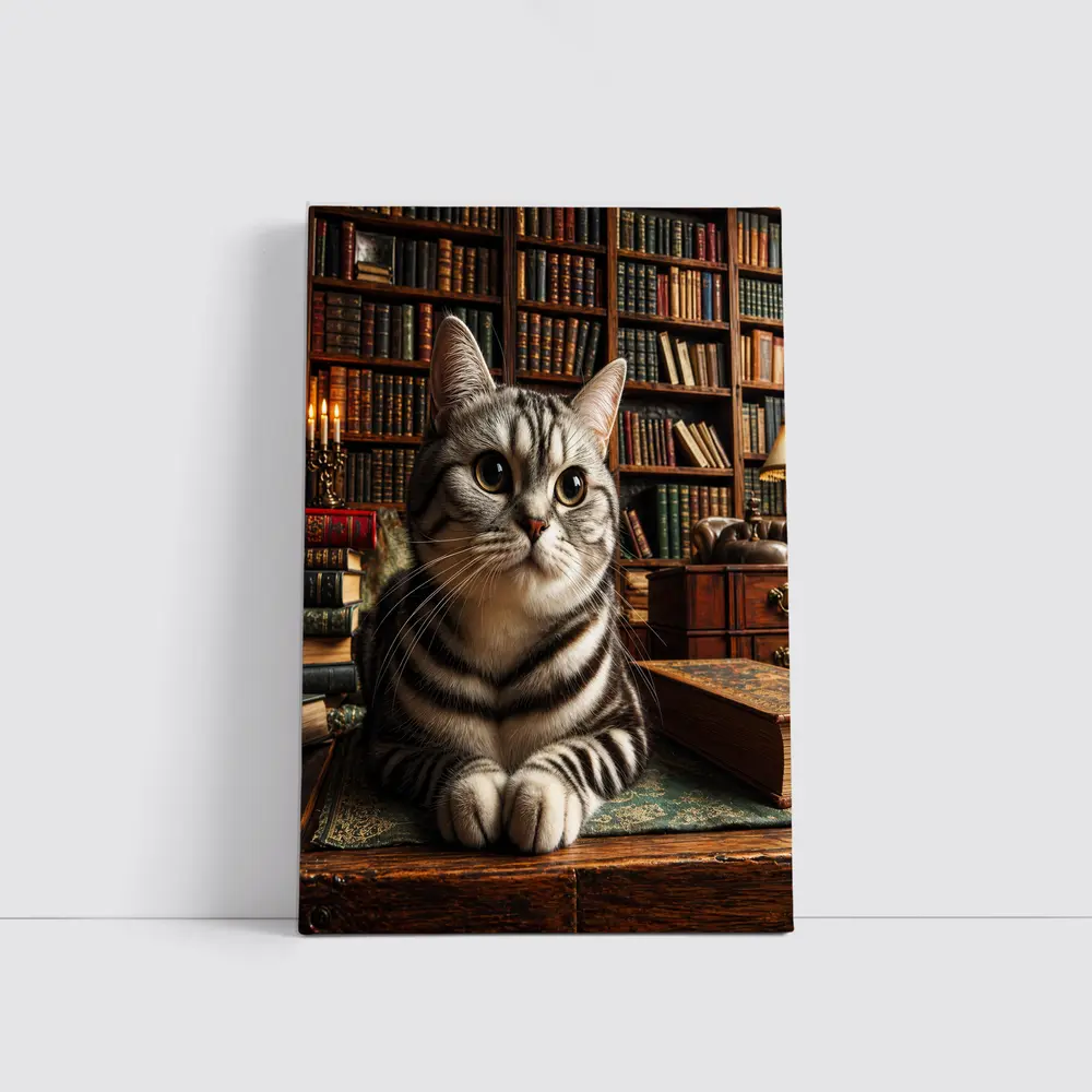 American Shorthair Cat in Classic Library – Wall Art