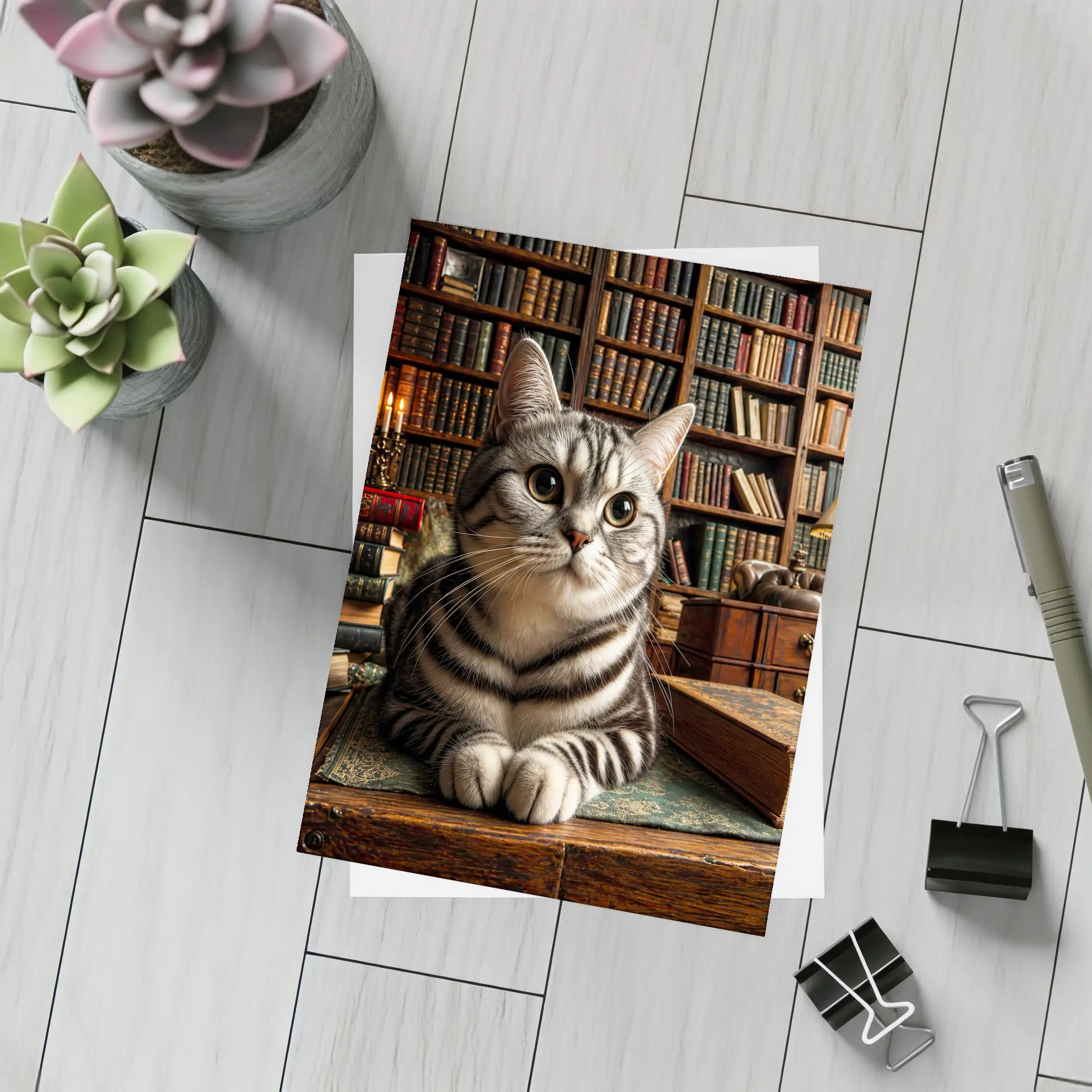 American Shorthair Cat in Classic Library – Postcards