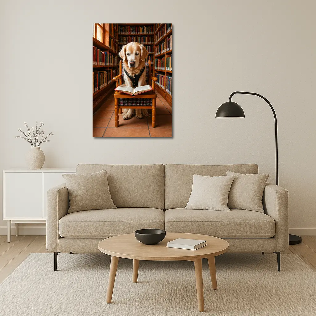Golden Retriever Reading Book In Library – Wall Art