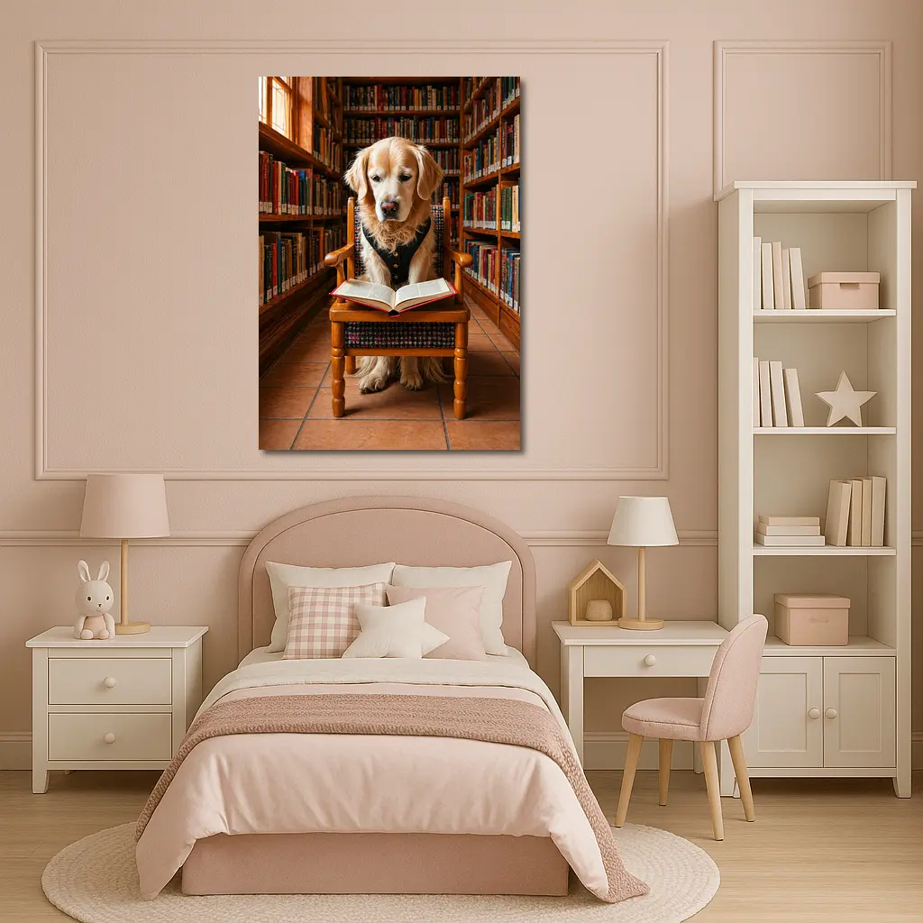 Golden Retriever Reading Book In Library – Wall Art