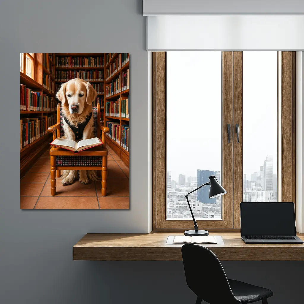 Golden Retriever Reading Book In Library – Wall Art