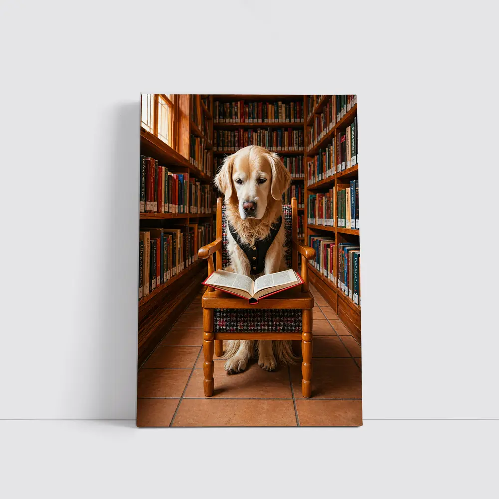 Golden Retriever Reading Book In Library – Wall Art