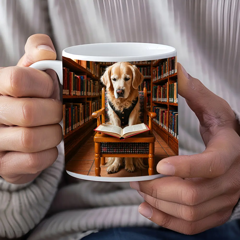 Golden Retriever Reading Book In Library – Mugs