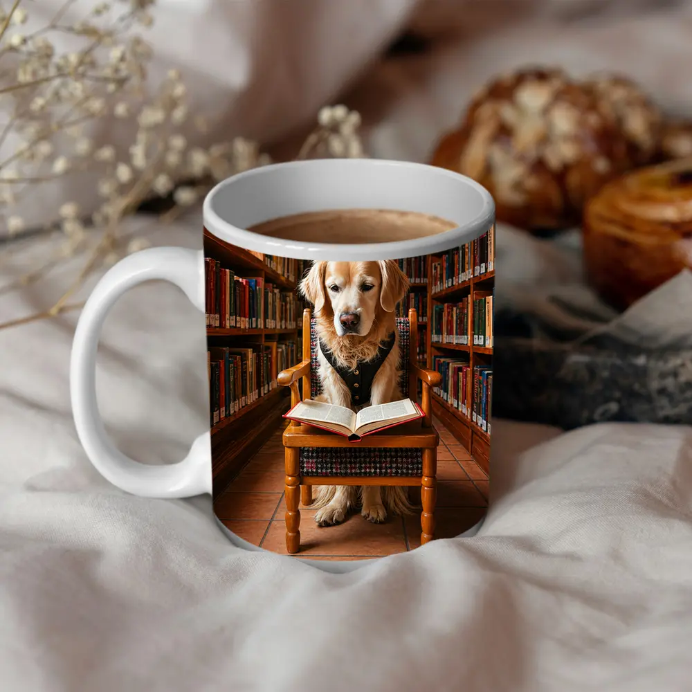 Golden Retriever Reading Book In Library – Mugs
