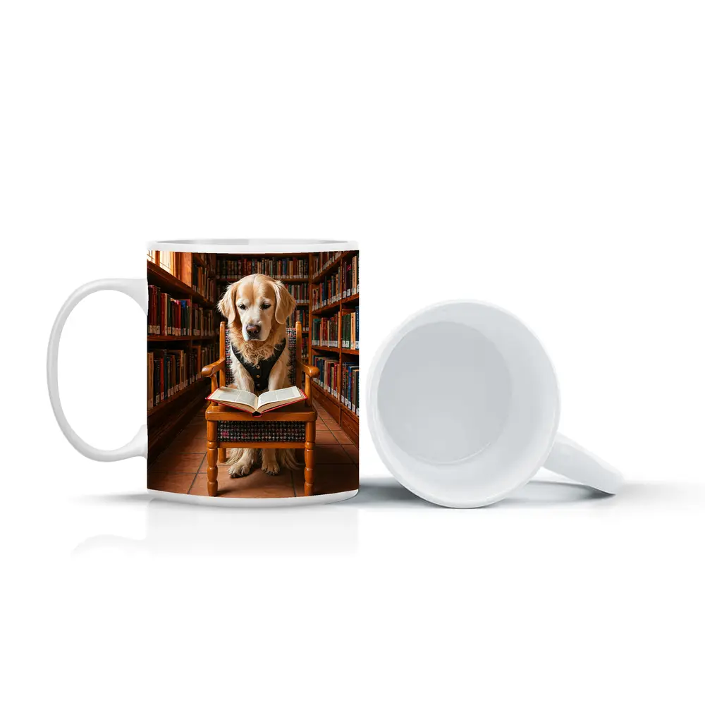 Golden Retriever Reading Book In Library – Mugs
