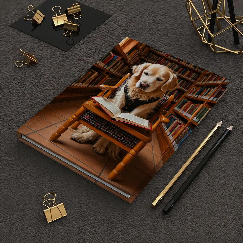 Golden Retriever Reading Book In Library – Notebooks