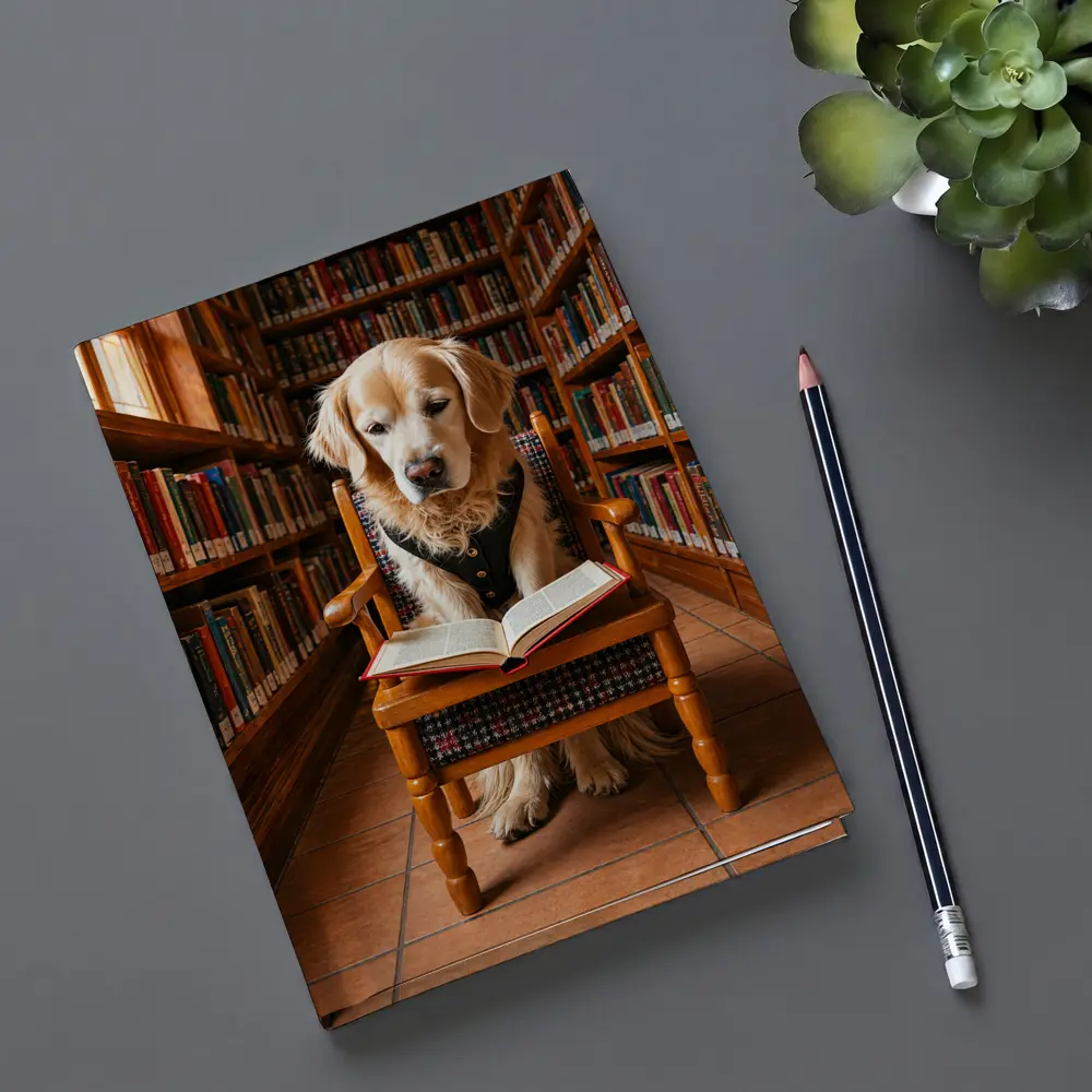 Golden Retriever Reading Book In Library – Notebooks