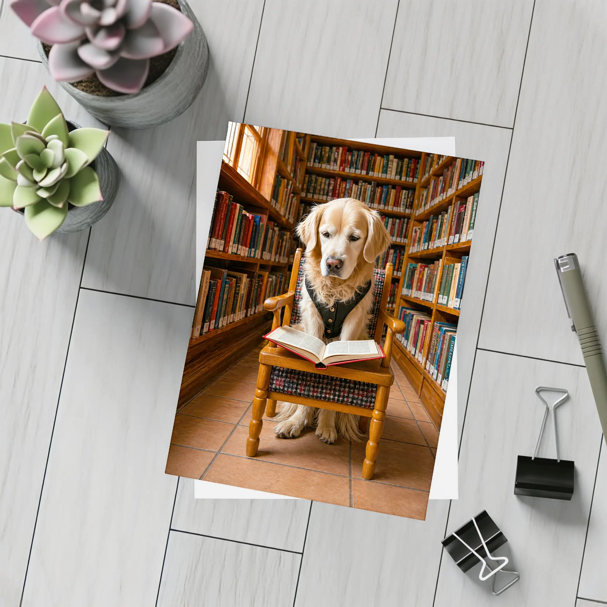 Golden Retriever Reading Book In Library – Postcards