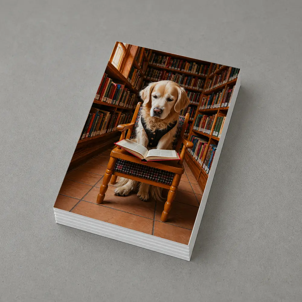 Golden Retriever Reading Book In Library – Postcards