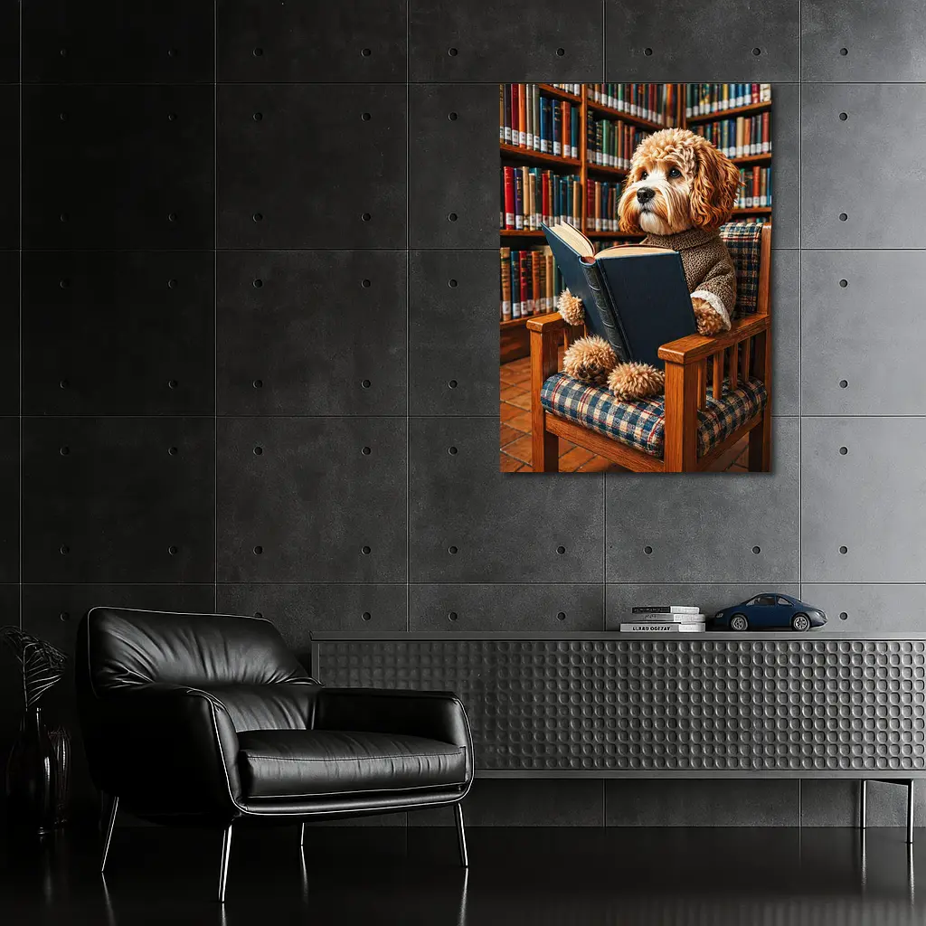 Cockapoo Dog Reading Book in Library – Wall Art