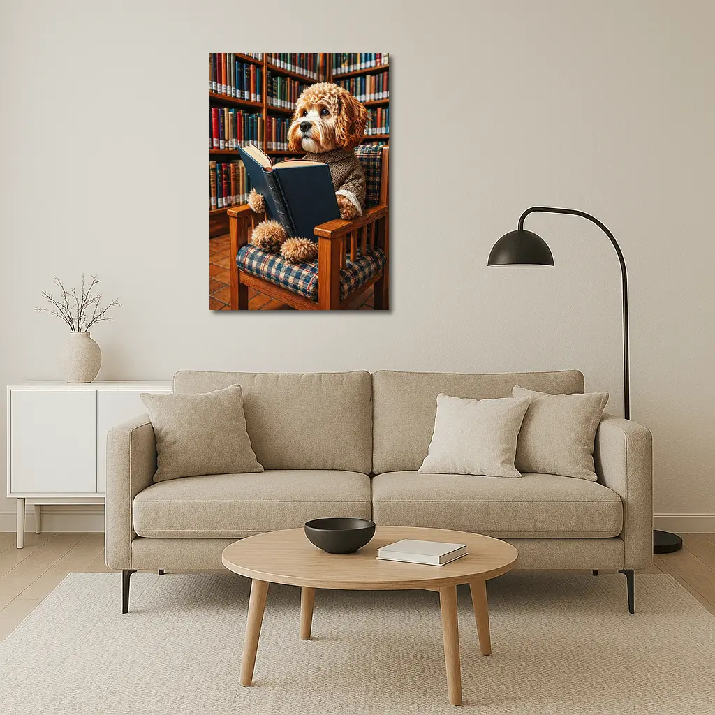 Cockapoo Dog Reading Book in Library – Wall Art