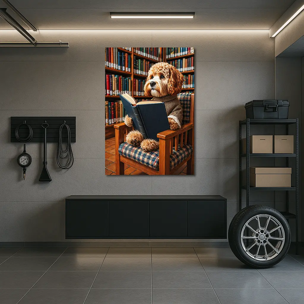 Cockapoo Dog Reading Book in Library – Wall Art