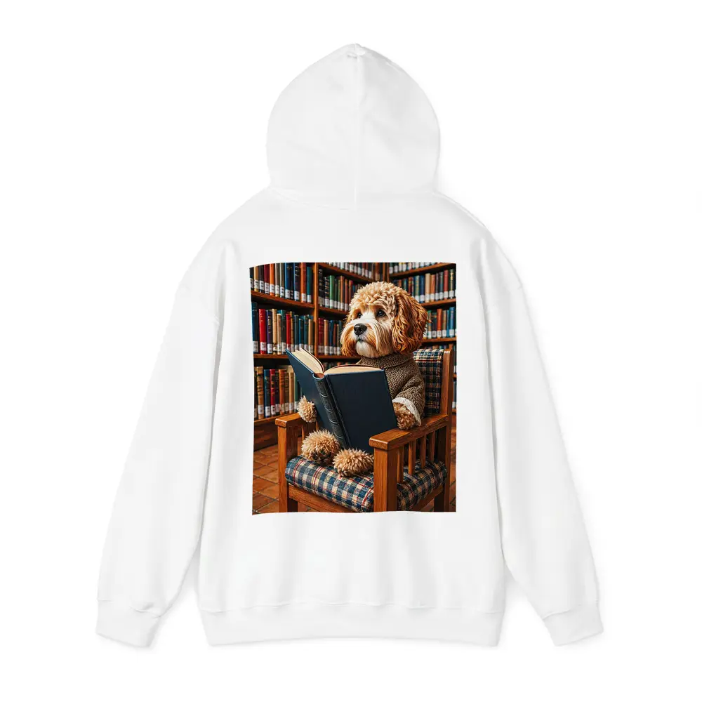 Cockapoo Dog Reading Book in Library – Hoodies