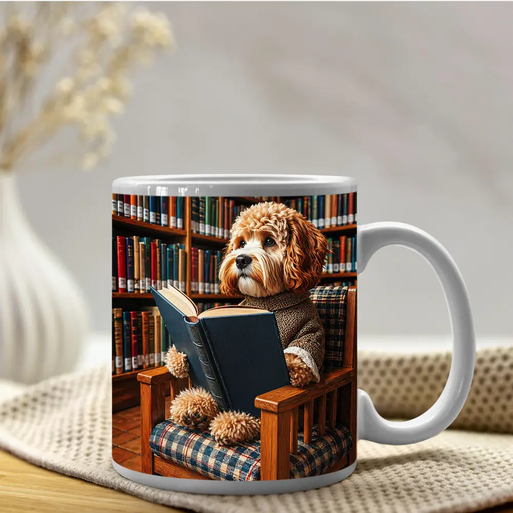 Cockapoo Dog Reading Book in Library – Mugs
