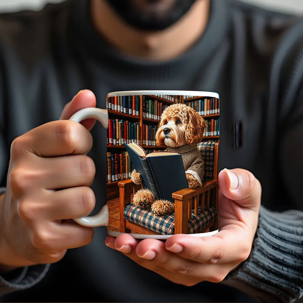 Cockapoo Dog Reading Book in Library – Mugs